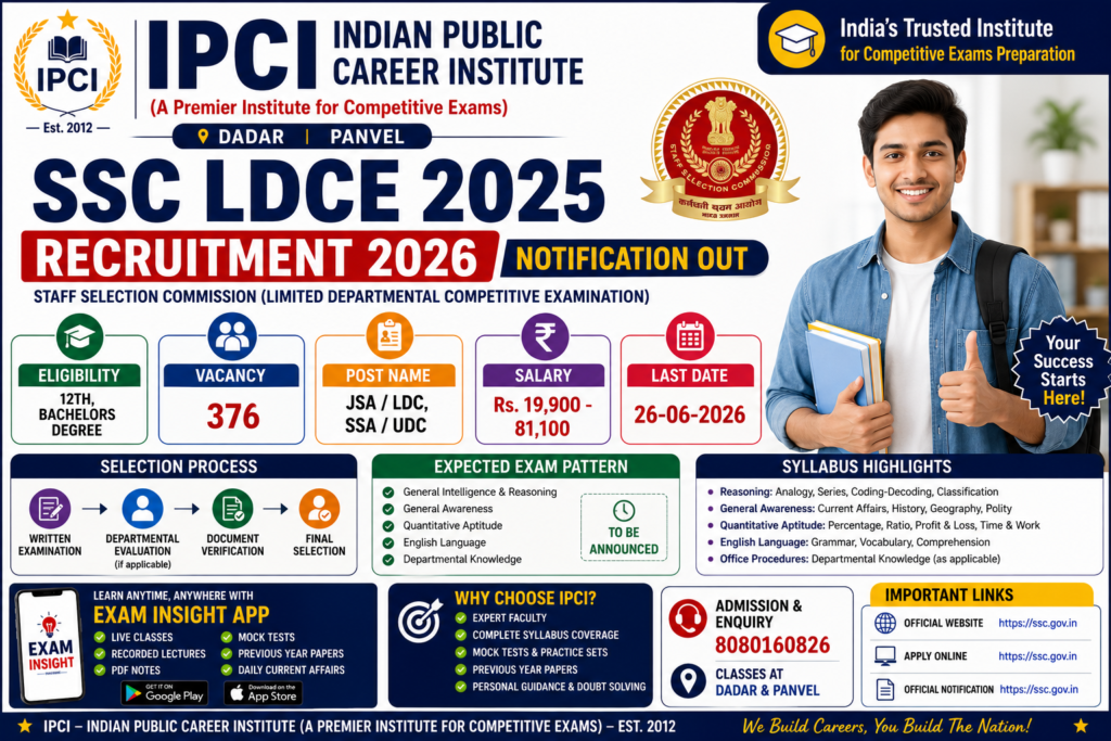 SSC LDCE 2025 Recruitment 2026 Notification Out – Apply Online for 376 JSA, LDC, SSA & UDC Posts | IPCI