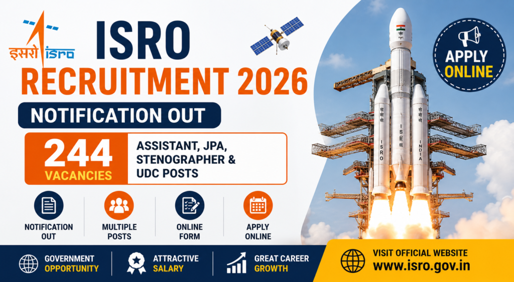 ISRO Recruitment 2026 Notification Out for 244 Assistant, JPA, UDC & Stenographer Posts – Apply Online
