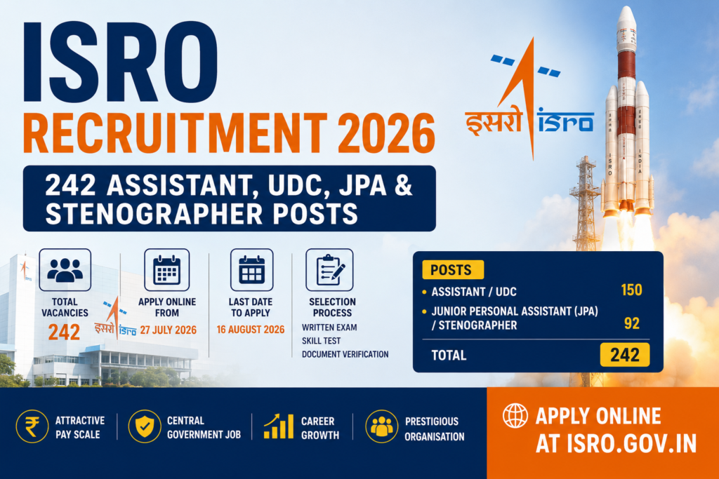ISRO Recruitment 2026 Notification Out for 242 Assistant, UDC, JPA & Stenographer Posts, Apply Online from 27 July